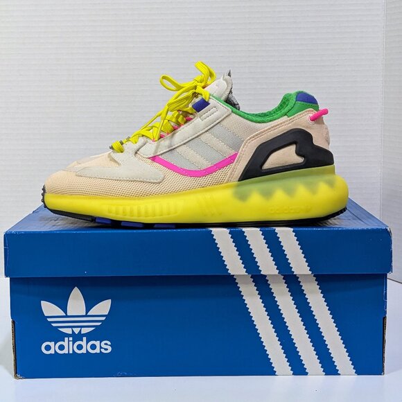 Adidas Women's ZX 5K BOOST GV7704 Wonder White/White Tint/Acid Yellow - Size 6 - Picture 1 of 9